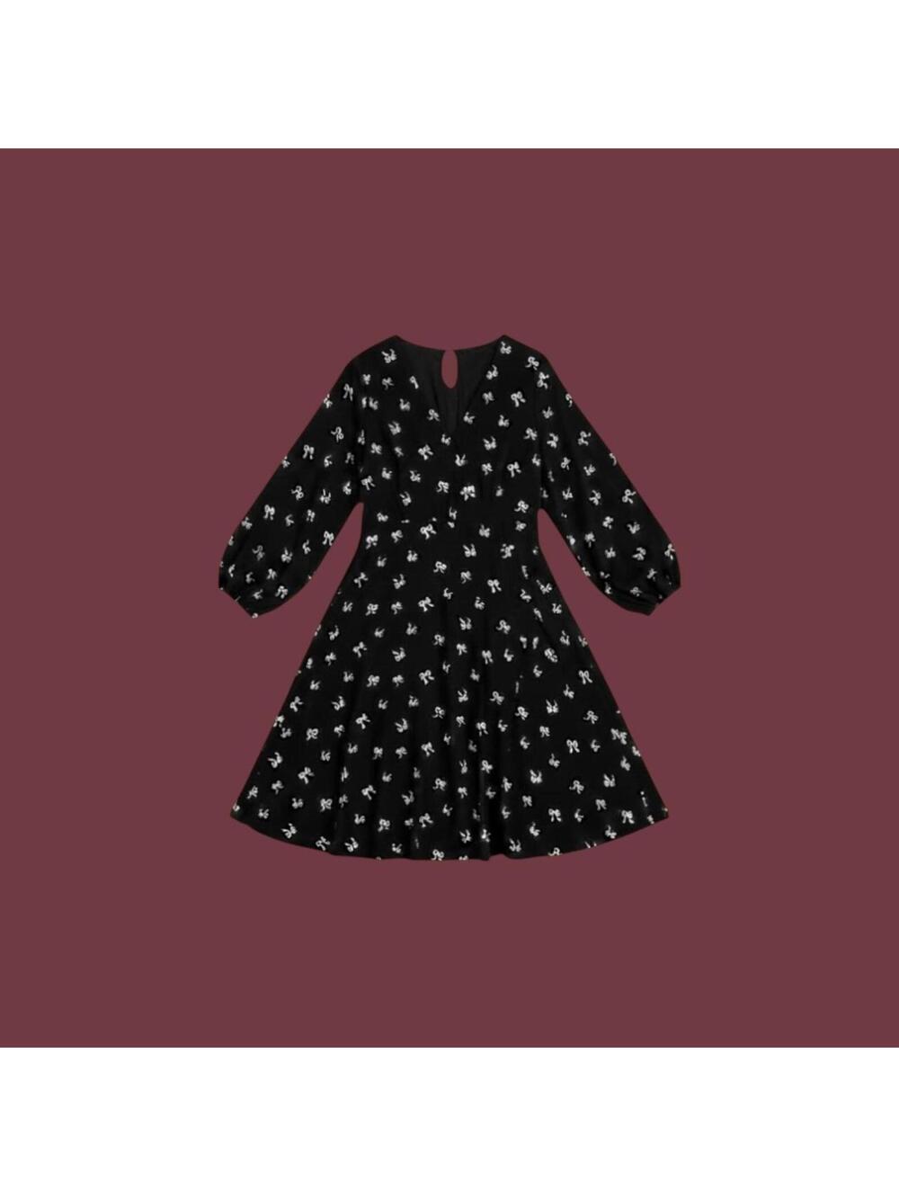 Black Midi Dress with White Bow Pattern and Balloon Sleeves